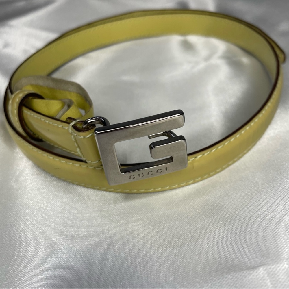 Auth Gucci Belt Yellow with Rectangular Silver G Buckle